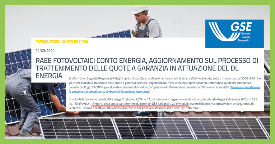 RAEE FOTOVOLTAICI CONTO ENERGIA,  raddoppio della quota trattenuta dal GSE